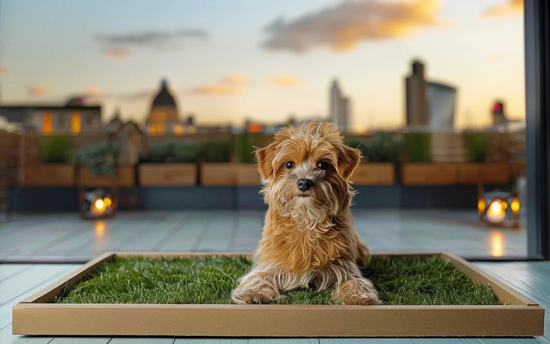 Photo of a dog sitting on a square of grass